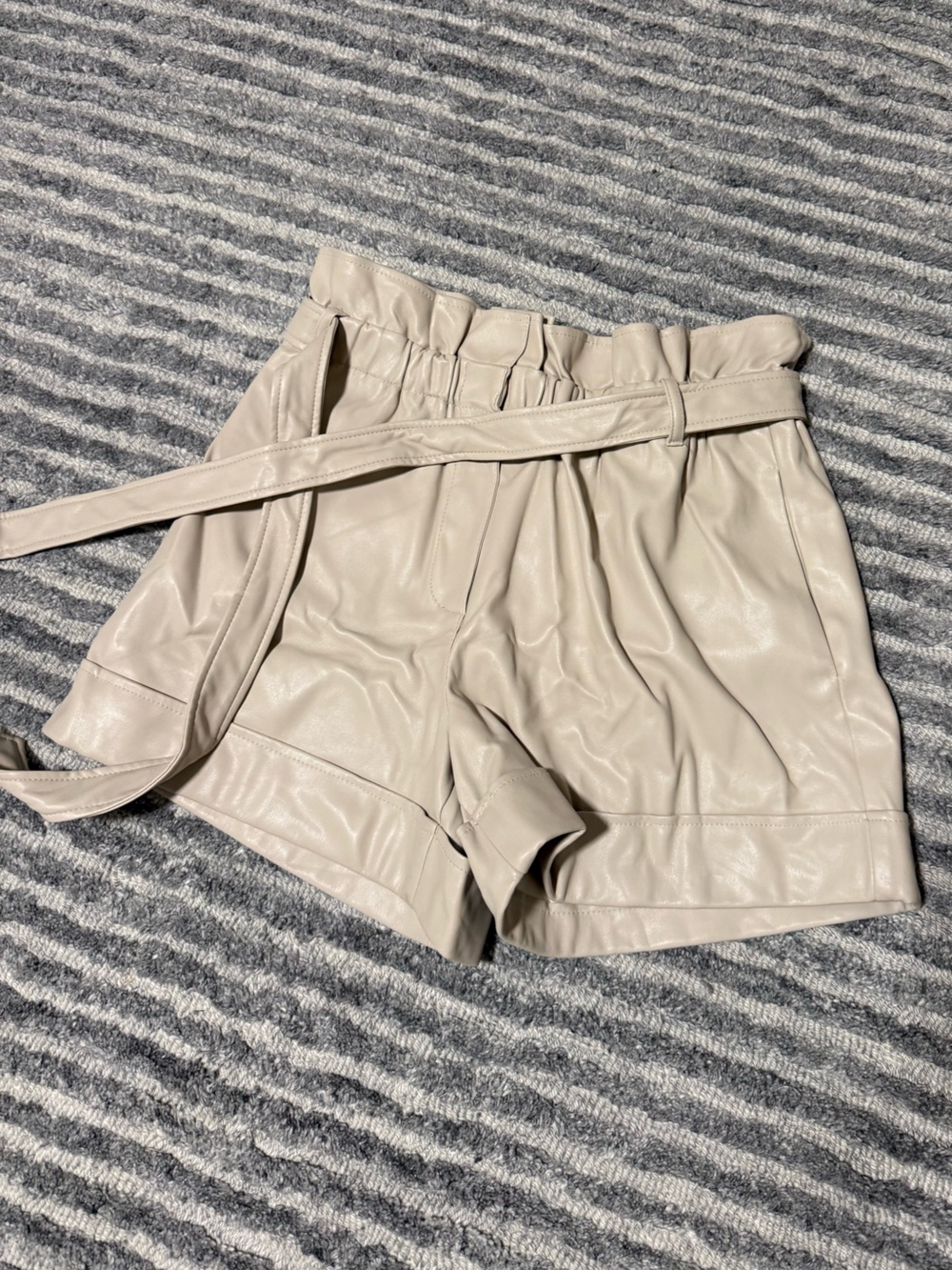 Aqua High-Waist Paperbag Faux Leather Shorts - Cream